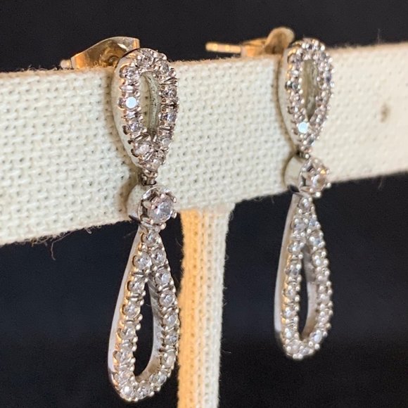 Sterling Silver 925 Cubic Zirconia Dangle Earrings, Post Backs, 1.5" Long - Picture 3 of 12